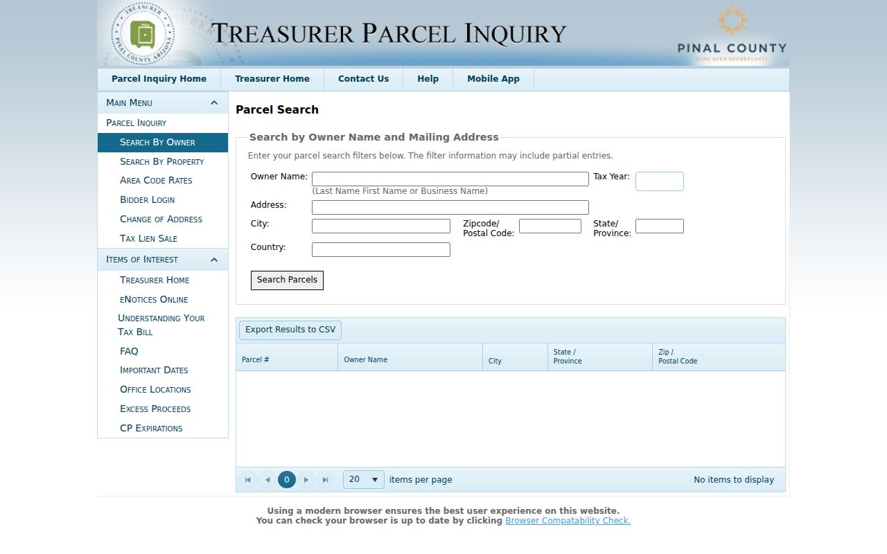 Apache Junction street directory Pinal Treasurer owner and mailing address search