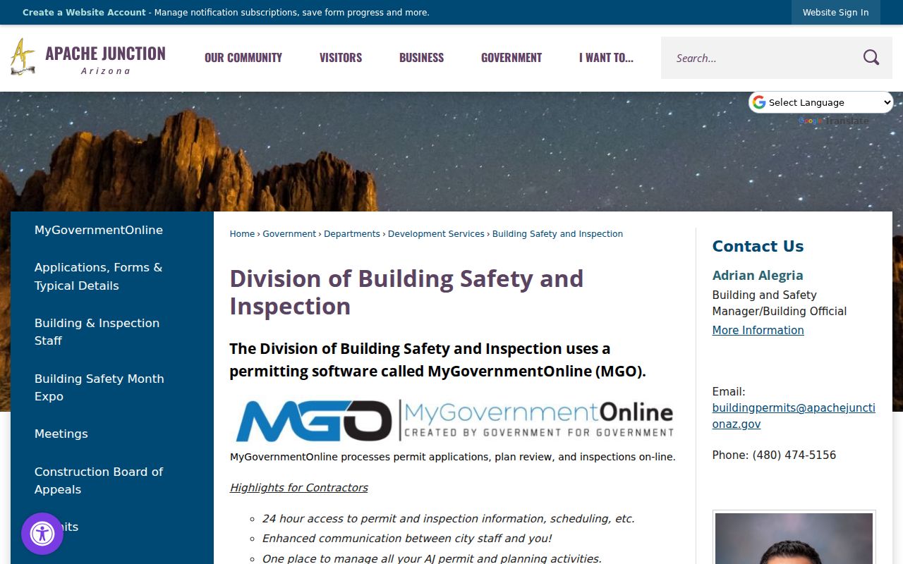 Apache Junction street directory building permit and inspection portal