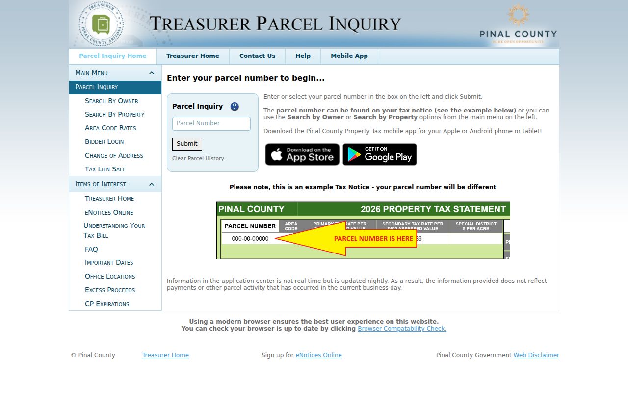 Apache Junction ZIP code directory Pinal Treasurer inquiry